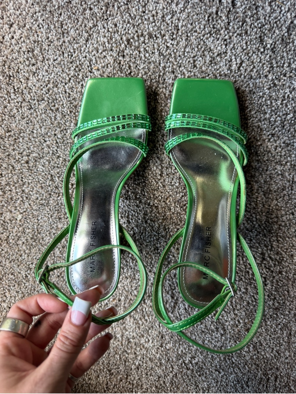 Marc Fisher Zalay Green Rhinestone Strappy Flared Block Heels